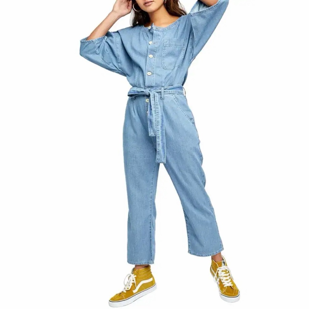 Free People Marley Blue Denim Button-Down Jumpsuit Medium